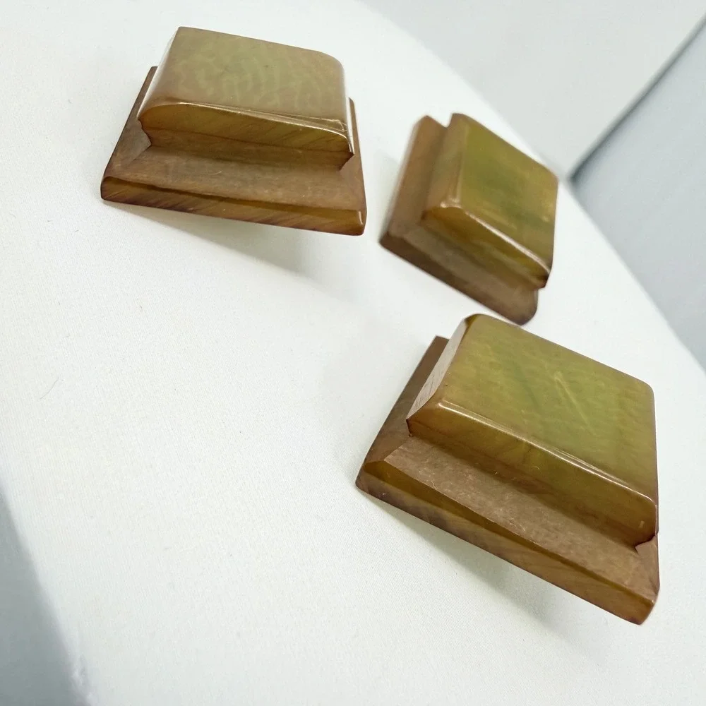 Vintage Bakelite Art Deco Tiered Square Metal Shank Buttons Marbled Butterscotch